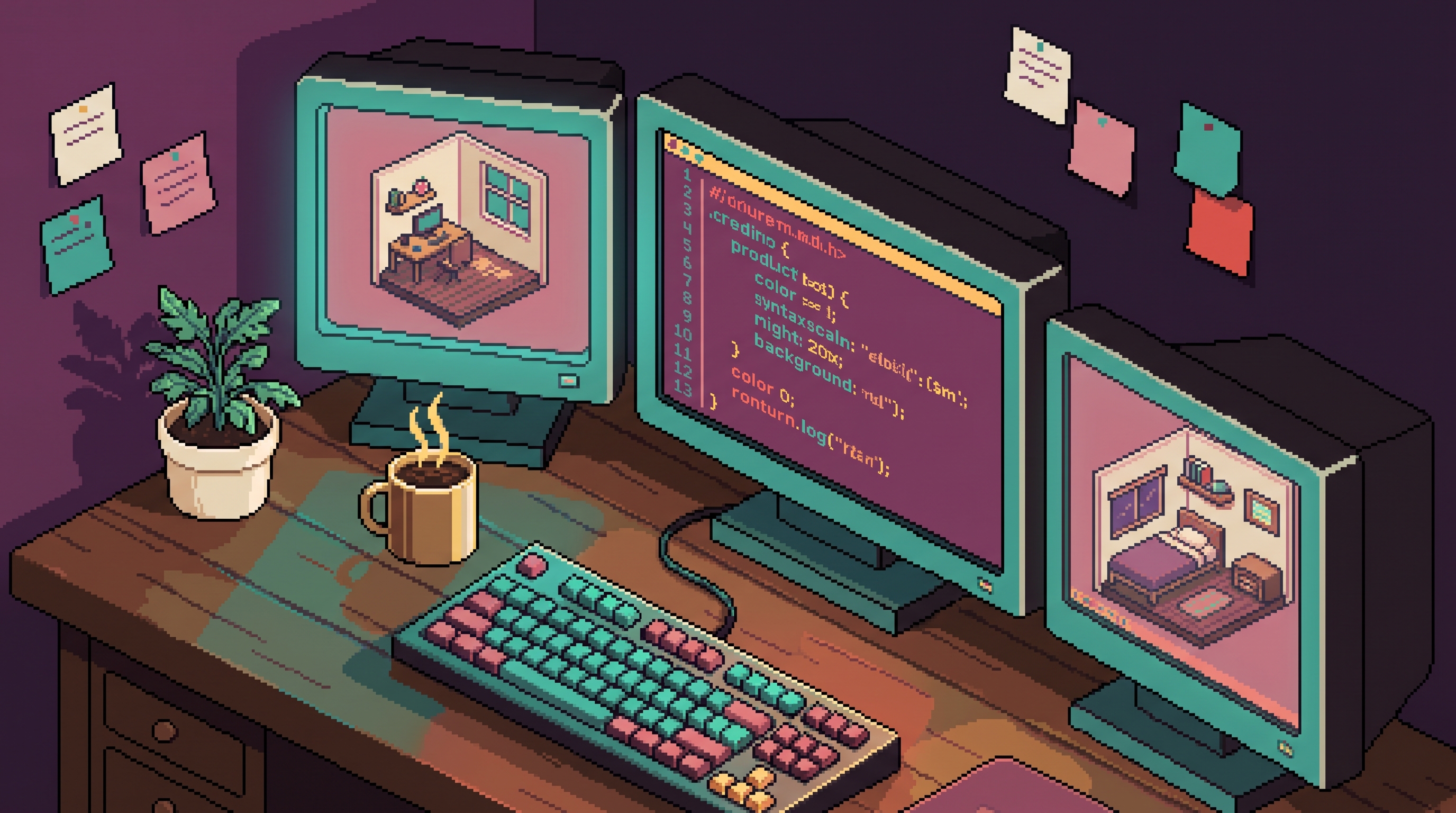 Workspace développeur avec trois écrans et code