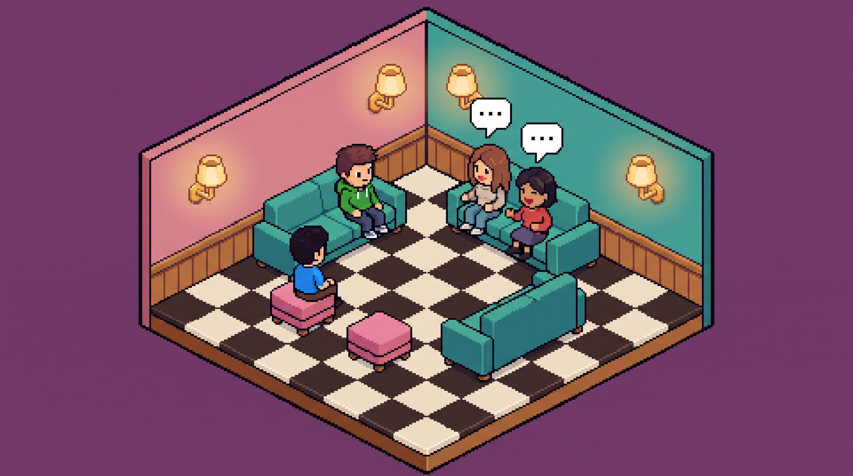 Salon social pixel art avec quatre avatars