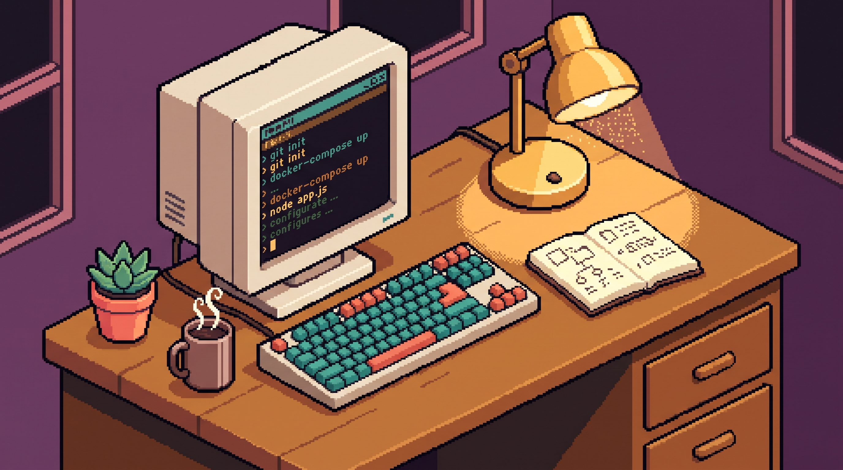 Setup local : bureau avec terminal, clavier, lampe