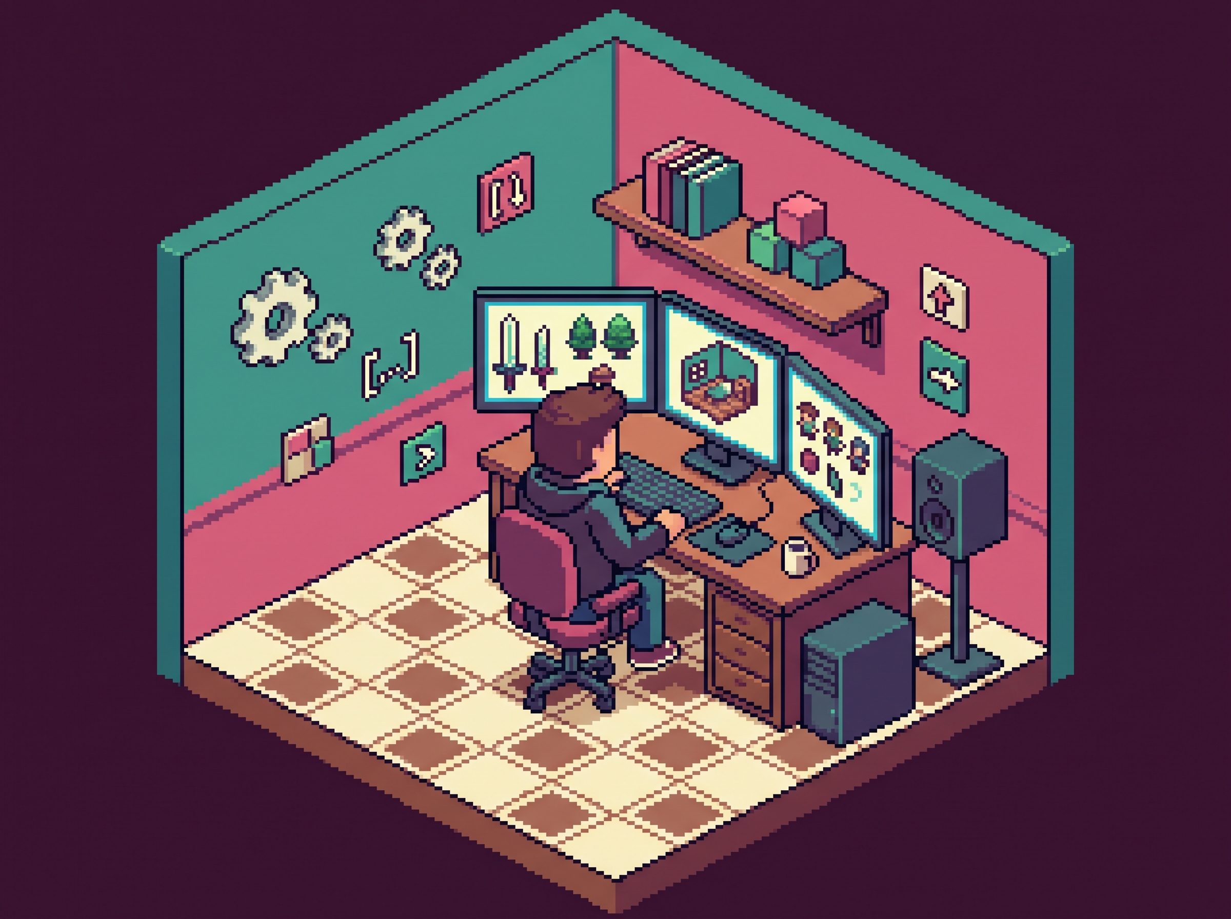 Atelier de développement — workspace pixel art avec écrans, tiles isométriques et icônes de code