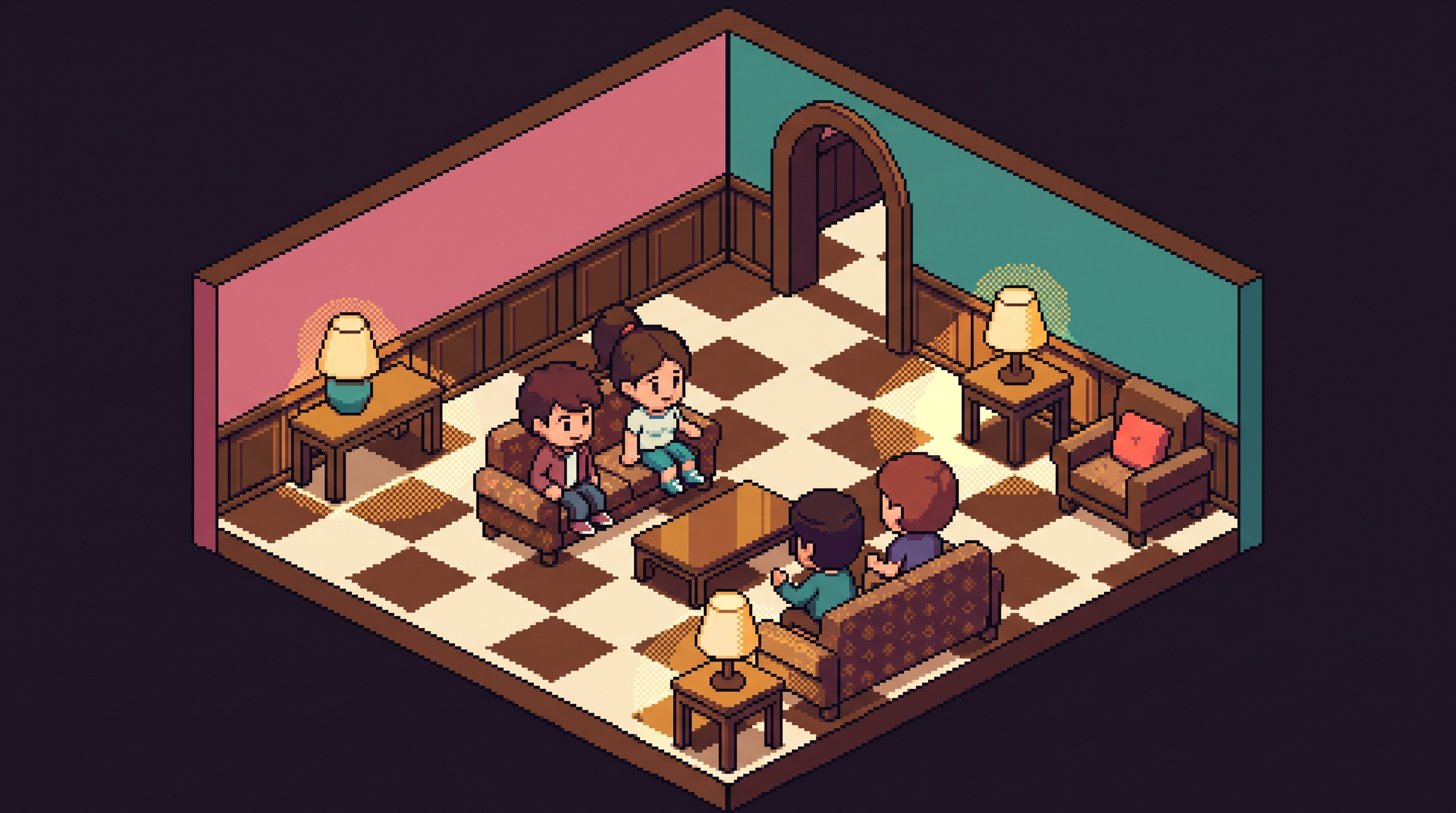 Salon social pixel art isométrique — avatars échangent sur des canapés dans un diorama aux murs rose poudré et sarcelle