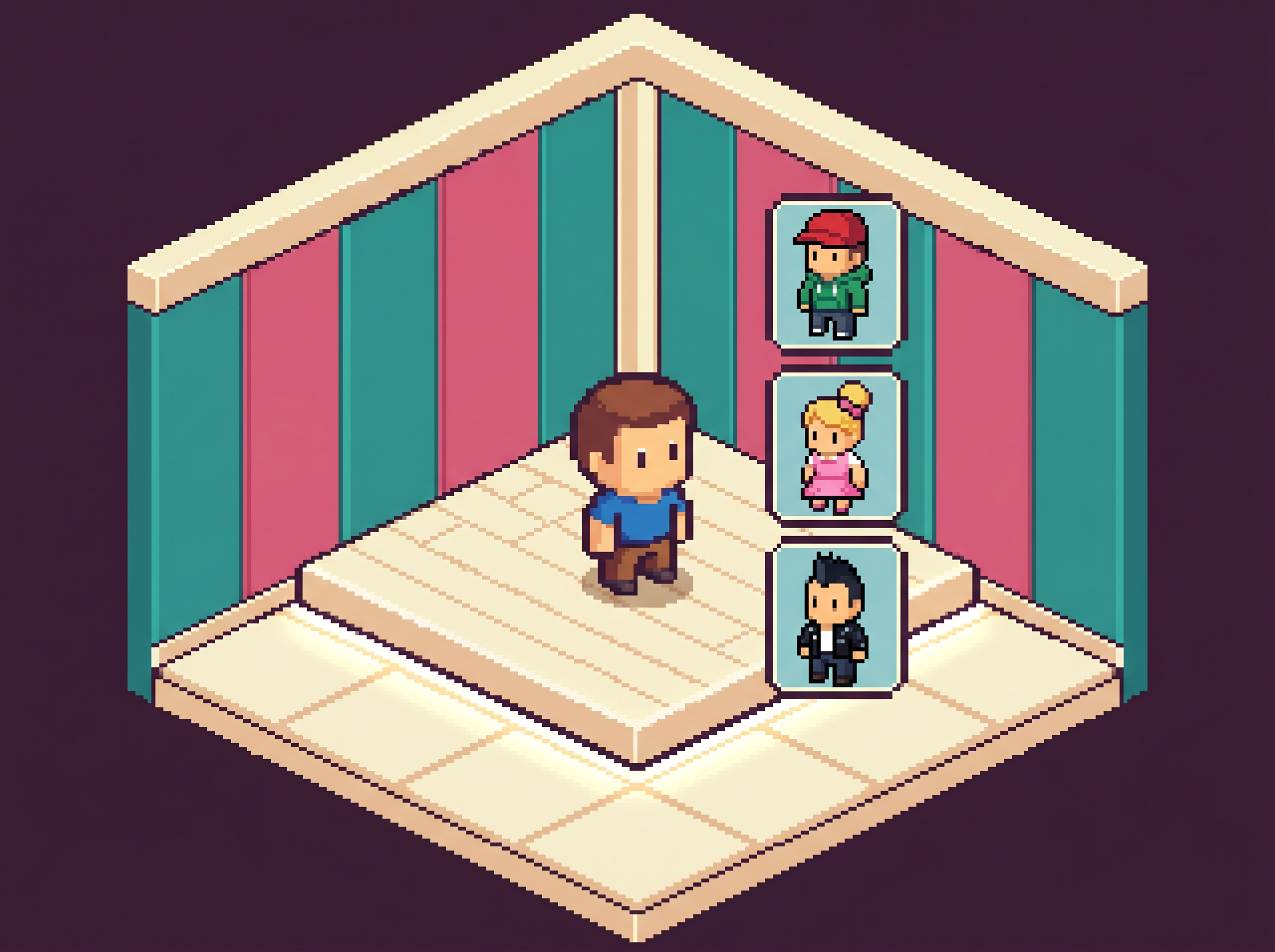 Personnalisation d'avatar — variations de tenues sur un présentoir dans un coin du salon